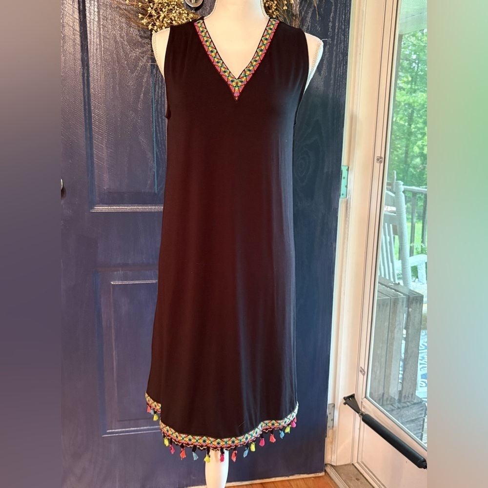 Versona Black Dress with Colorful Trim tassel’s. Size Small.